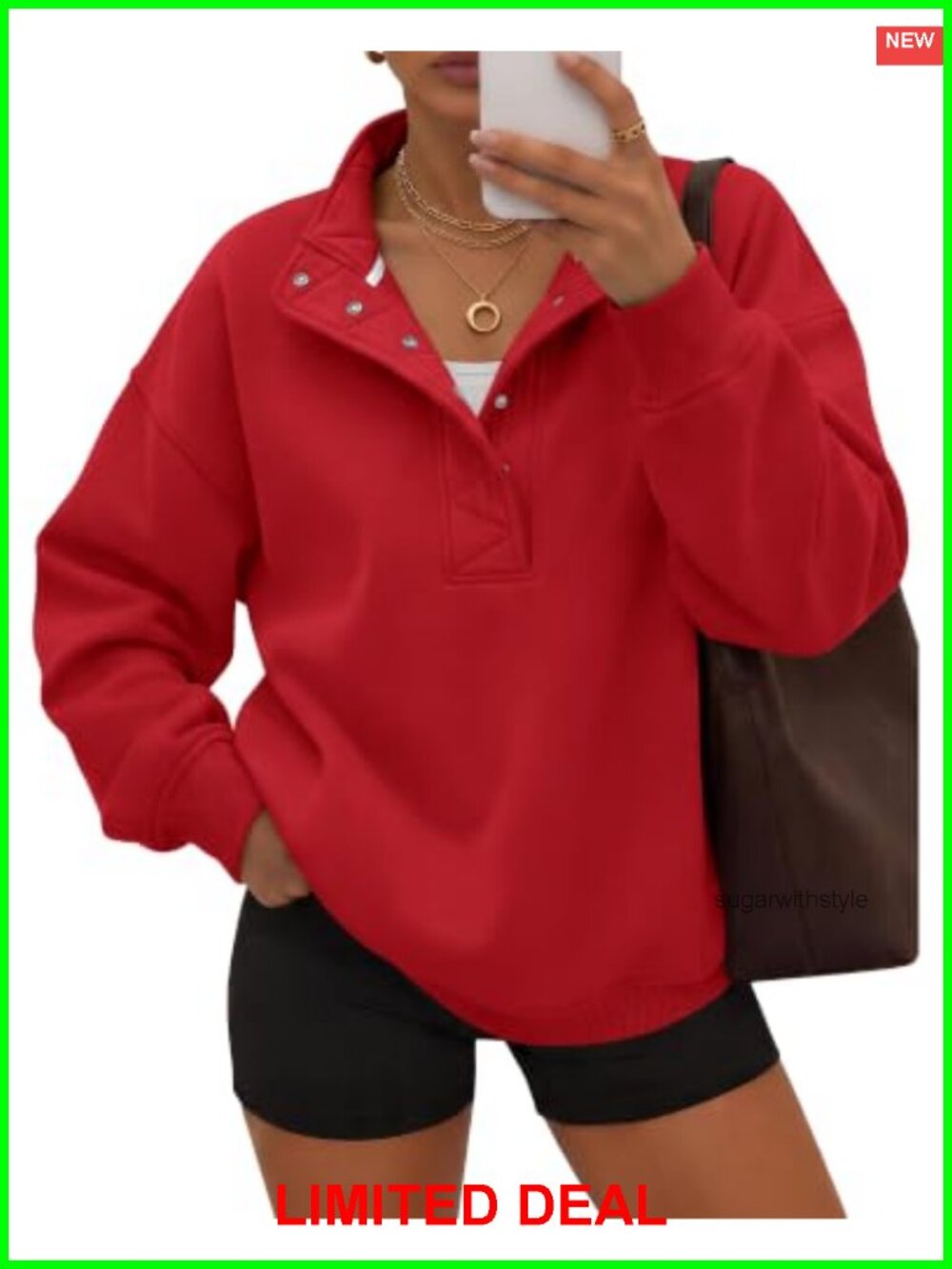 Oversized Fleece Sweatshirt Snap Button Mock Neck Pullover